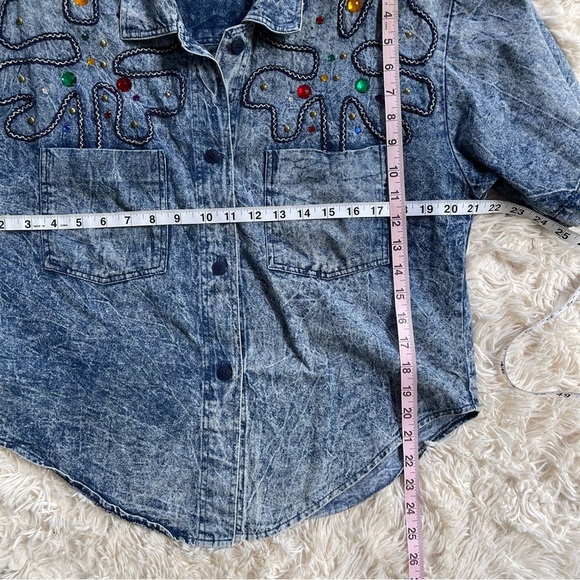 Vintage Cache acid wash blue denim embellished padded shoulders button up SZ S - Picture 4 of 11